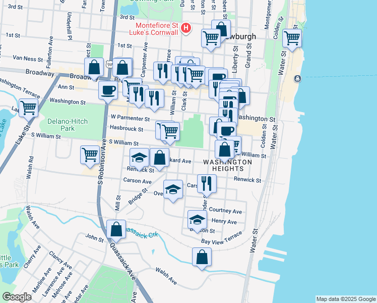 map of restaurants, bars, coffee shops, grocery stores, and more near 145 South William Street in Newburgh
