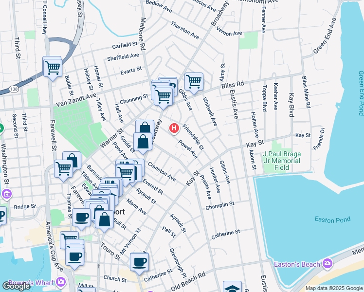 map of restaurants, bars, coffee shops, grocery stores, and more near 31 Powel Avenue in Newport