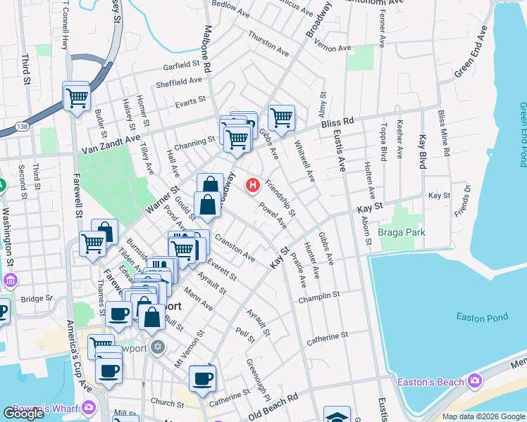 map of restaurants, bars, coffee shops, grocery stores, and more near 31 Powel Avenue in Newport