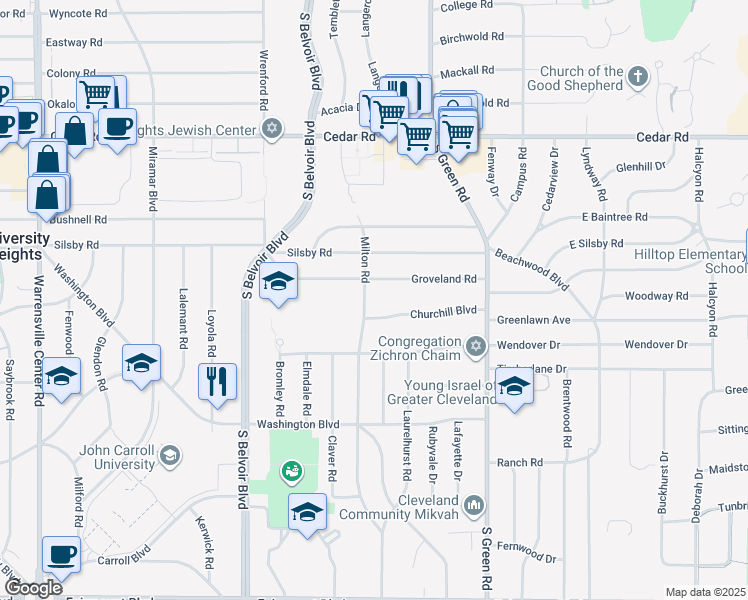 map of restaurants, bars, coffee shops, grocery stores, and more near 2331 Milton Road in University Heights