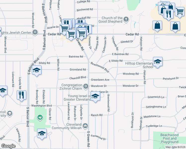map of restaurants, bars, coffee shops, grocery stores, and more near 23110 East Groveland Road in Beachwood
