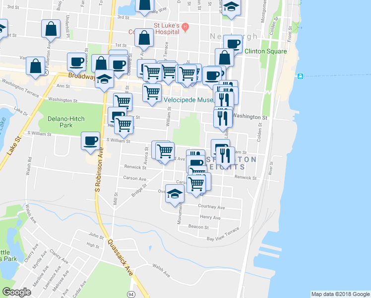 map of restaurants, bars, coffee shops, grocery stores, and more near 145 South William Street in Newburgh