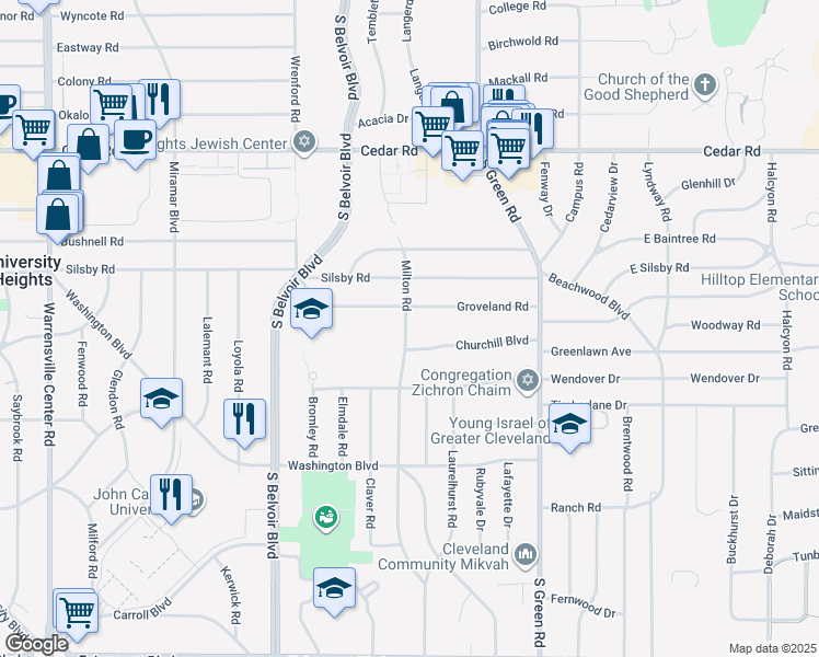 map of restaurants, bars, coffee shops, grocery stores, and more near 2331 Milton Road in University Heights