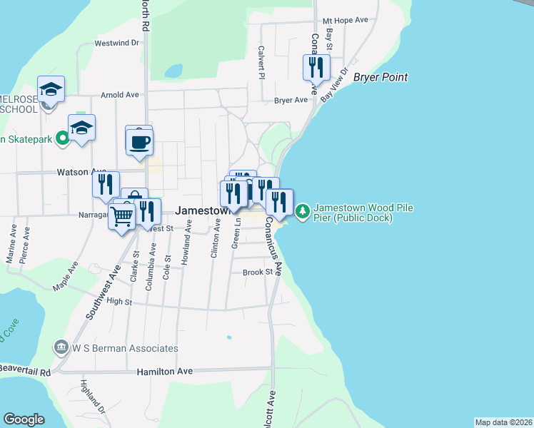 map of restaurants, bars, coffee shops, grocery stores, and more near 9 Ferry Street in Jamestown