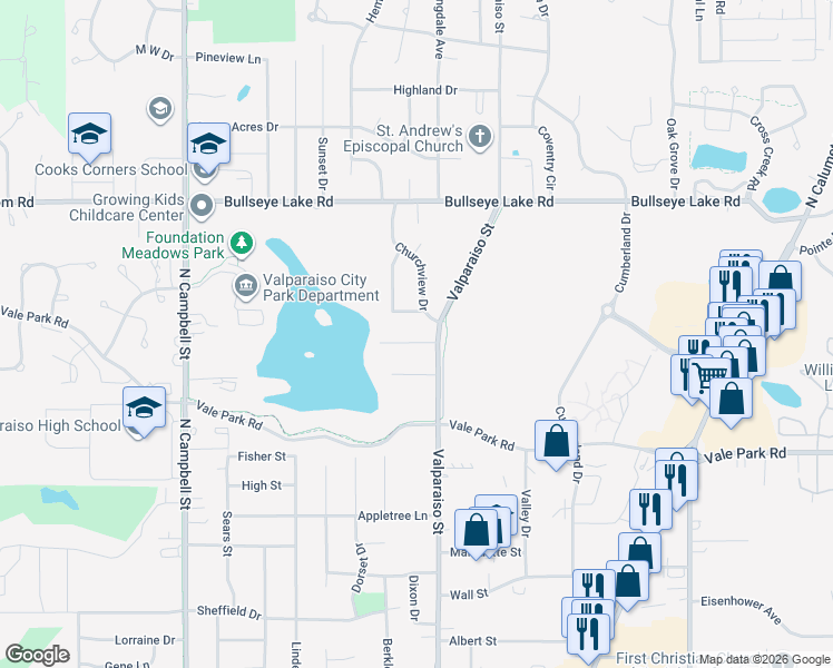 map of restaurants, bars, coffee shops, grocery stores, and more near 201-399 Lakeside Dr in Valparaiso