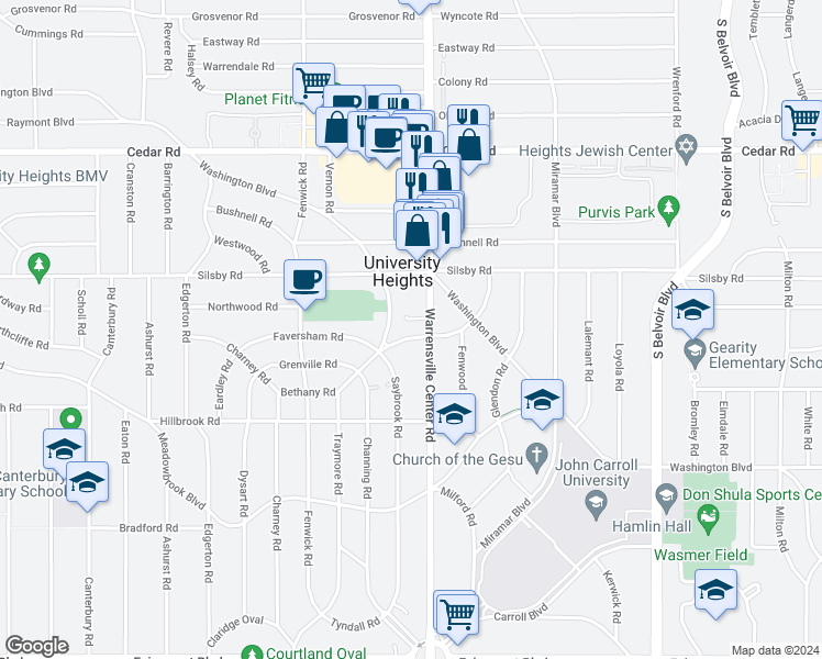 map of restaurants, bars, coffee shops, grocery stores, and more near 2326 Traymore Road in University Heights