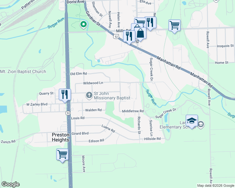 map of restaurants, bars, coffee shops, grocery stores, and more near 212 Red Bud Drive in Joliet