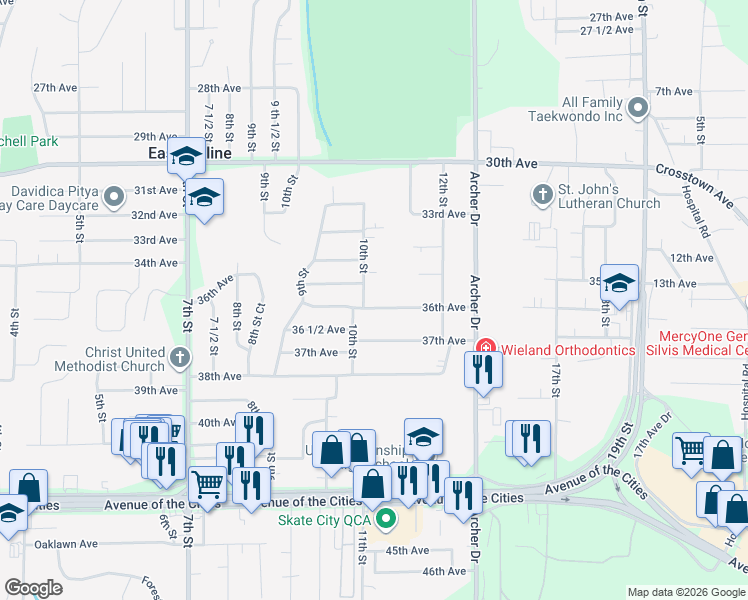 map of restaurants, bars, coffee shops, grocery stores, and more near 1011 36th Avenue in East Moline