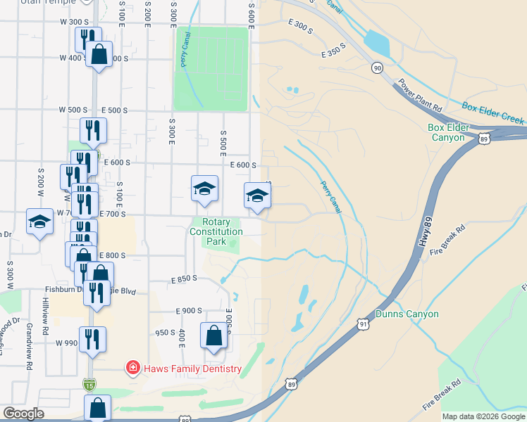 map of restaurants, bars, coffee shops, grocery stores, and more near 691 South 600 East in Brigham City