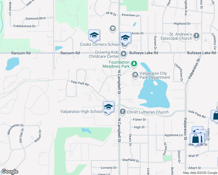 map of restaurants, bars, coffee shops, grocery stores, and more near 558 Lantern Walk in Valparaiso
