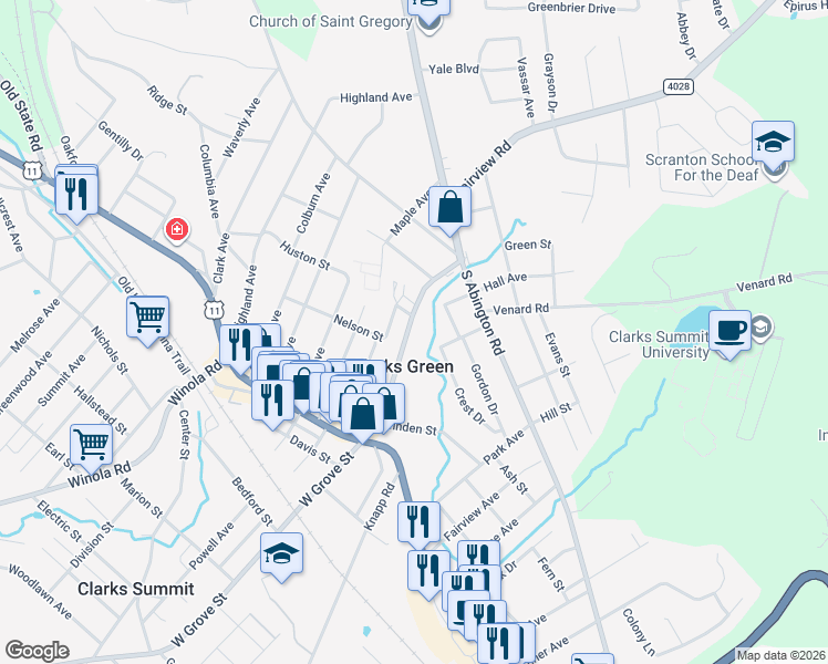 map of restaurants, bars, coffee shops, grocery stores, and more near 236 East Grove Street in Clarks Summit