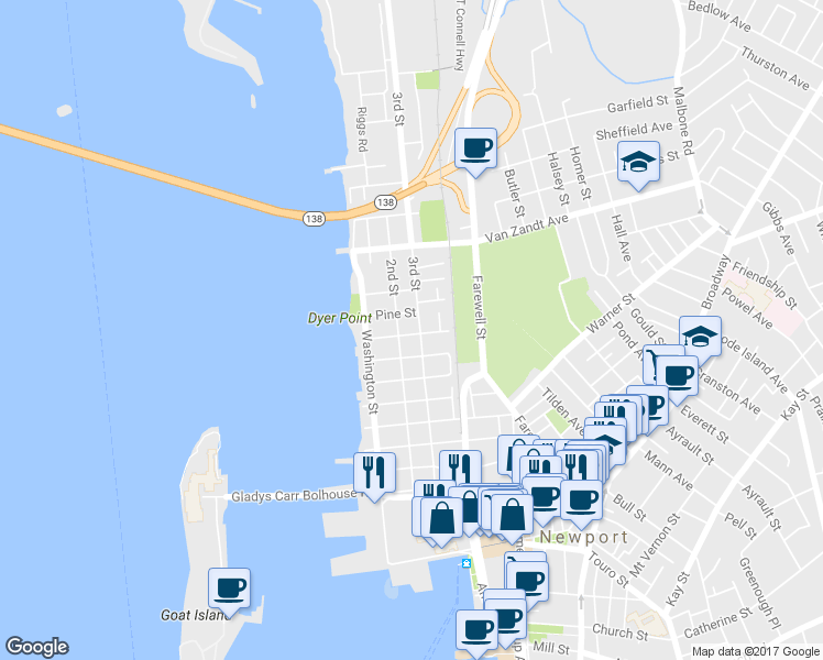 map of restaurants, bars, coffee shops, grocery stores, and more near 15 Cherry Street in Newport