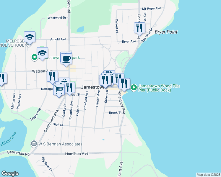 map of restaurants, bars, coffee shops, grocery stores, and more near 19 Narragansett Avenue in Jamestown
