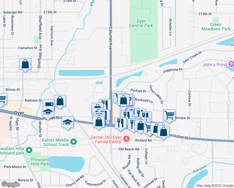 map of restaurants, bars, coffee shops, grocery stores, and more near 813 Flagstone Drive in Dyer