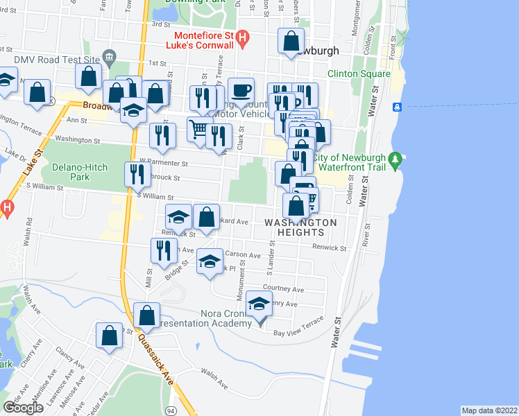 map of restaurants, bars, coffee shops, grocery stores, and more near 141 South William Street in Newburgh