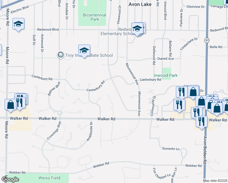 map of restaurants, bars, coffee shops, grocery stores, and more near 384 Crestwood Dr in Avon Lake