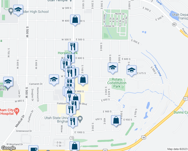 map of restaurants, bars, coffee shops, grocery stores, and more near 207 East 700 South in Brigham City