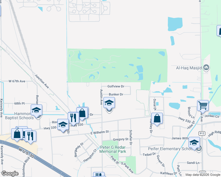 map of restaurants, bars, coffee shops, grocery stores, and more near 225 Golfview Drive in Schererville