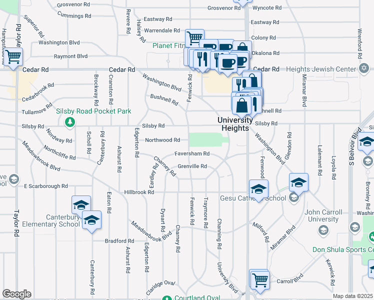 map of restaurants, bars, coffee shops, grocery stores, and more near 3853 Faversham Road in University Heights