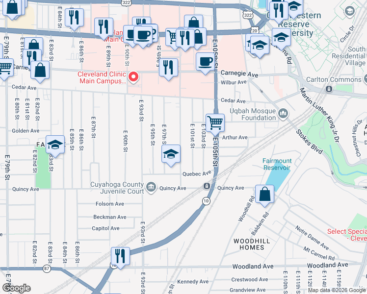 map of restaurants, bars, coffee shops, grocery stores, and more near 2283 East 100th Street in Cleveland