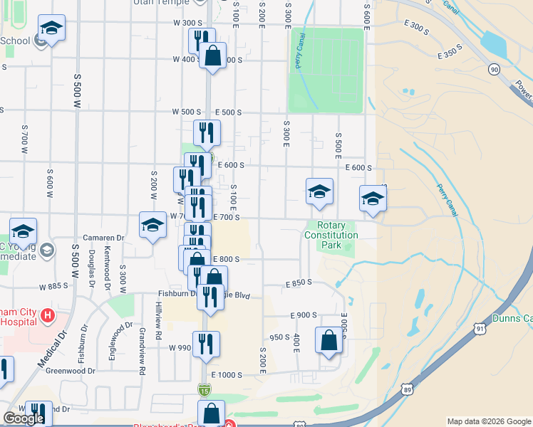 map of restaurants, bars, coffee shops, grocery stores, and more near 207 East 700 South in Brigham City