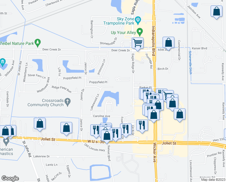 map of restaurants, bars, coffee shops, grocery stores, and more near 1045 Lakewood Court in Schererville