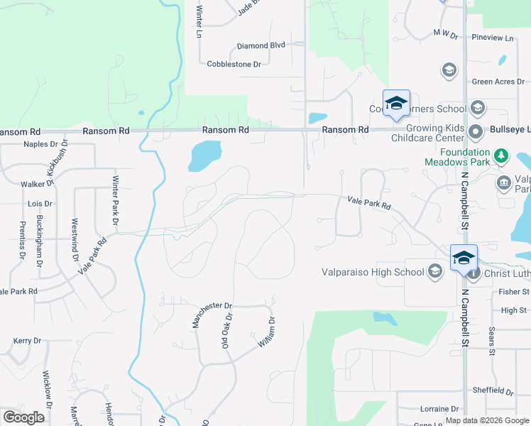 map of restaurants, bars, coffee shops, grocery stores, and more near 1455 Ransom Road in Valparaiso