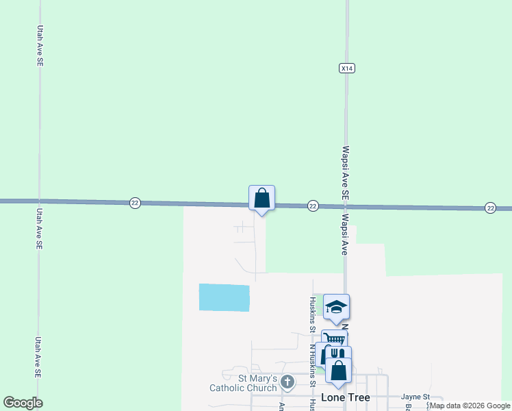 map of restaurants, bars, coffee shops, grocery stores, and more near 5151 Iowa 22 in Lone Tree