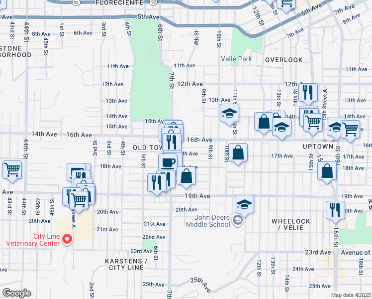 map of restaurants, bars, coffee shops, grocery stores, and more near 733 17th Avenue in Moline