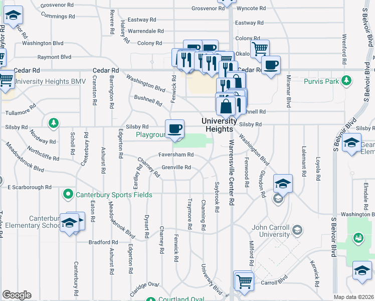 map of restaurants, bars, coffee shops, grocery stores, and more near 3889 Faversham Road in University Heights