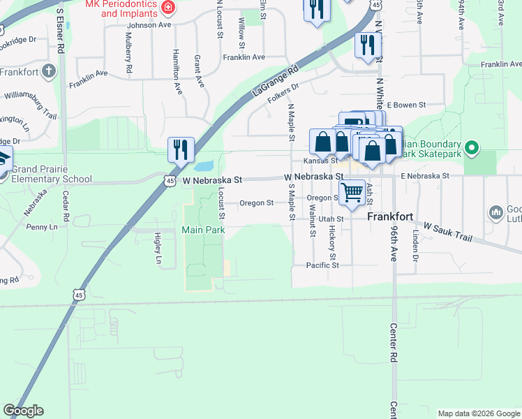 map of restaurants, bars, coffee shops, grocery stores, and more near 262 Oregon Street in Frankfort