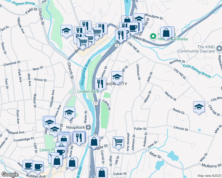 map of restaurants, bars, coffee shops, grocery stores, and more near 150 Coen Street in Naugatuck