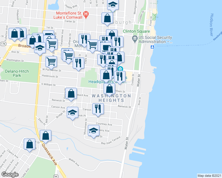 map of restaurants, bars, coffee shops, grocery stores, and more near 96 South William Street in Newburgh