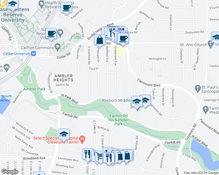 map of restaurants, bars, coffee shops, grocery stores, and more near 2333 Bellfield Avenue in Cleveland Heights