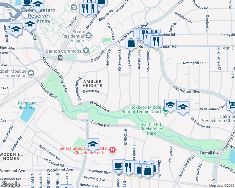 map of restaurants, bars, coffee shops, grocery stores, and more near 2339 South Overlook Road in Cleveland Heights