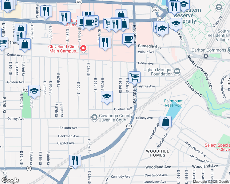 map of restaurants, bars, coffee shops, grocery stores, and more near 2283 East 100th Street in Cleveland