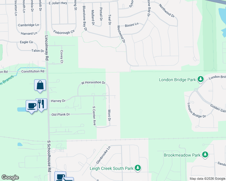 map of restaurants, bars, coffee shops, grocery stores, and more near 12410 West Horseshoe Drive in New Lenox