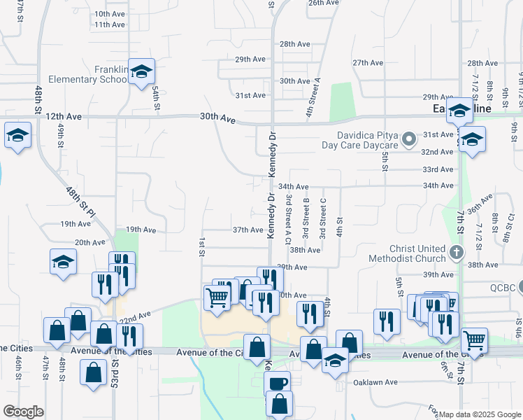 map of restaurants, bars, coffee shops, grocery stores, and more near 3655 Kennedy Drive in East Moline