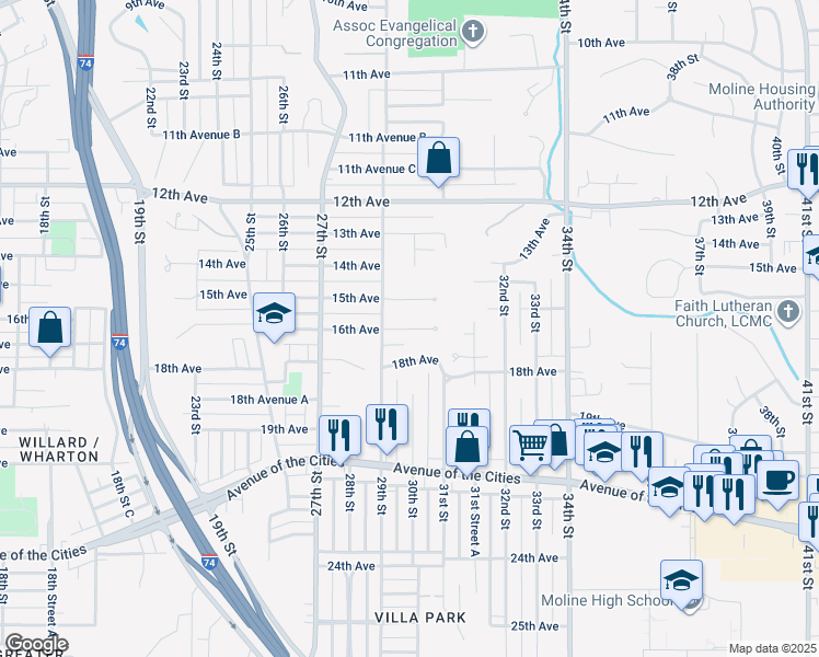 map of restaurants, bars, coffee shops, grocery stores, and more near 2944 16th Avenue in Moline