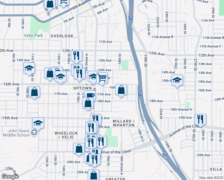 map of restaurants, bars, coffee shops, grocery stores, and more near 1713 17th Avenue in Moline