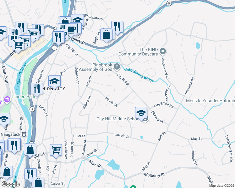 map of restaurants, bars, coffee shops, grocery stores, and more near 92 Alma Street in Naugatuck