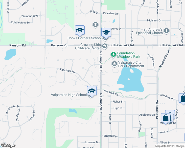 map of restaurants, bars, coffee shops, grocery stores, and more near 558 Lantern Walk in Valparaiso