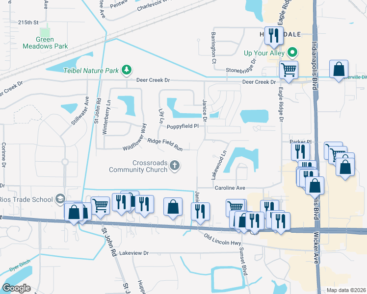 map of restaurants, bars, coffee shops, grocery stores, and more near 1255 Ridgefield Run in Schererville