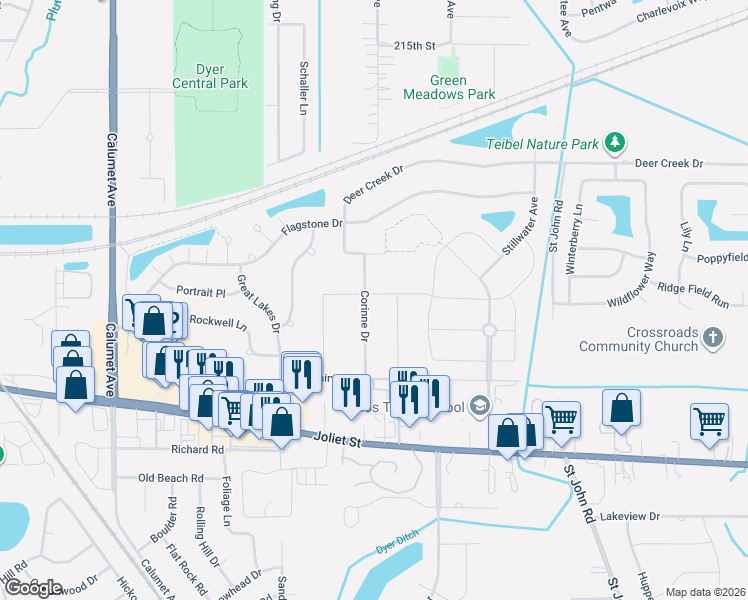map of restaurants, bars, coffee shops, grocery stores, and more near 1937 Corinne Drive in Dyer