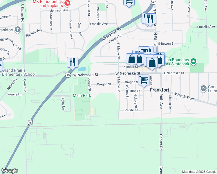map of restaurants, bars, coffee shops, grocery stores, and more near 262 Oregon Street in Frankfort