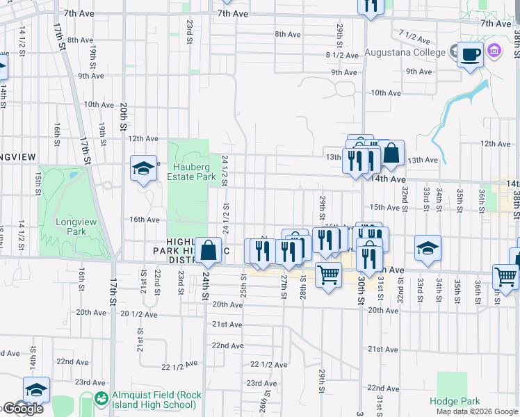 map of restaurants, bars, coffee shops, grocery stores, and more near 1535 25th Street in Rock Island