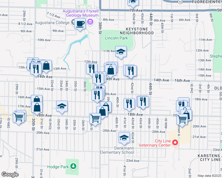map of restaurants, bars, coffee shops, grocery stores, and more near 1433 39th Street in Rock Island