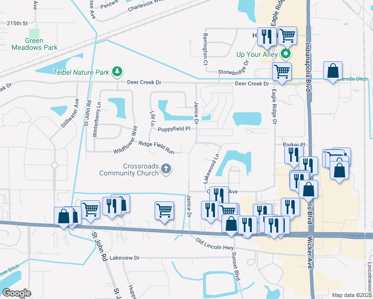 map of restaurants, bars, coffee shops, grocery stores, and more near 1315 Marigold Place in Schererville