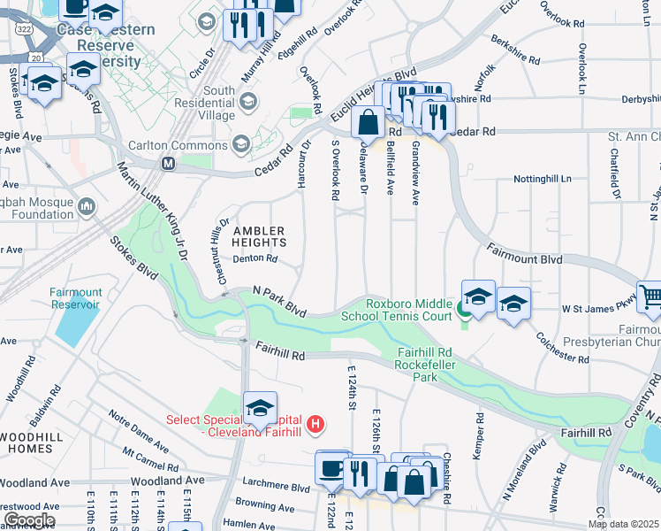 map of restaurants, bars, coffee shops, grocery stores, and more near 2339 South Overlook Road in Cleveland Heights