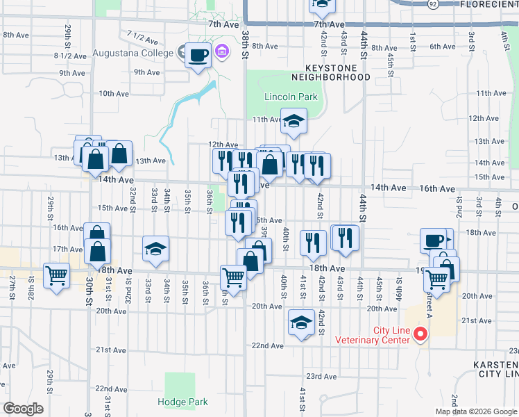 map of restaurants, bars, coffee shops, grocery stores, and more near 1416 39th Street in Rock Island